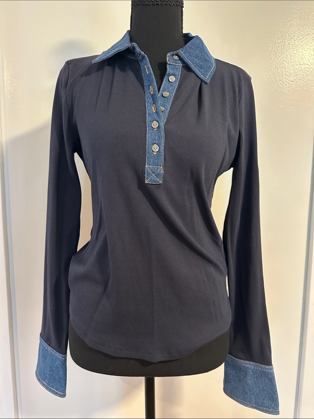 Truth Navy Long Sleeve Top with Denim Trim